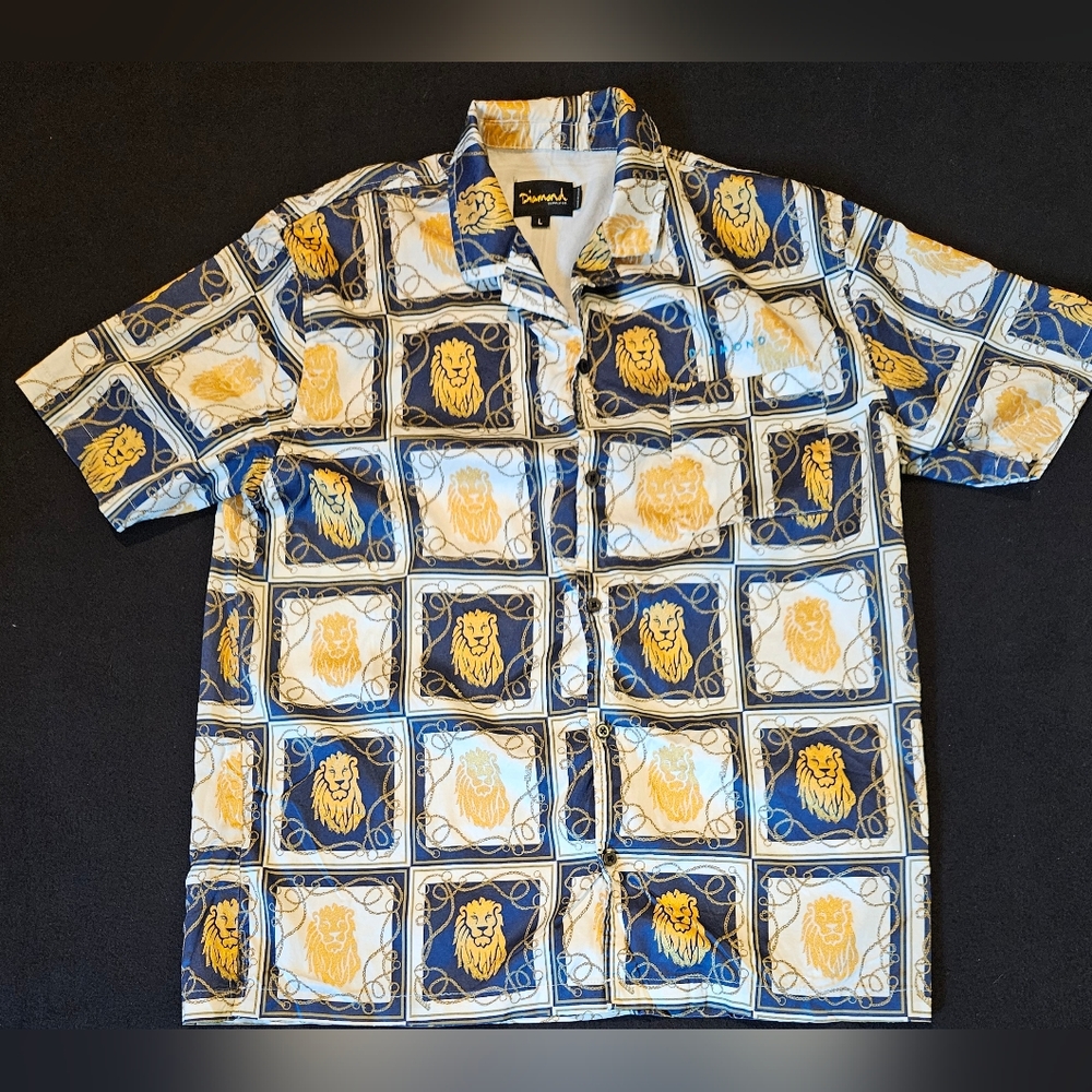 Diamond x Modelo Mens Short Sleeve Button-Up T-Shirt Multi Color Lion Size Large
